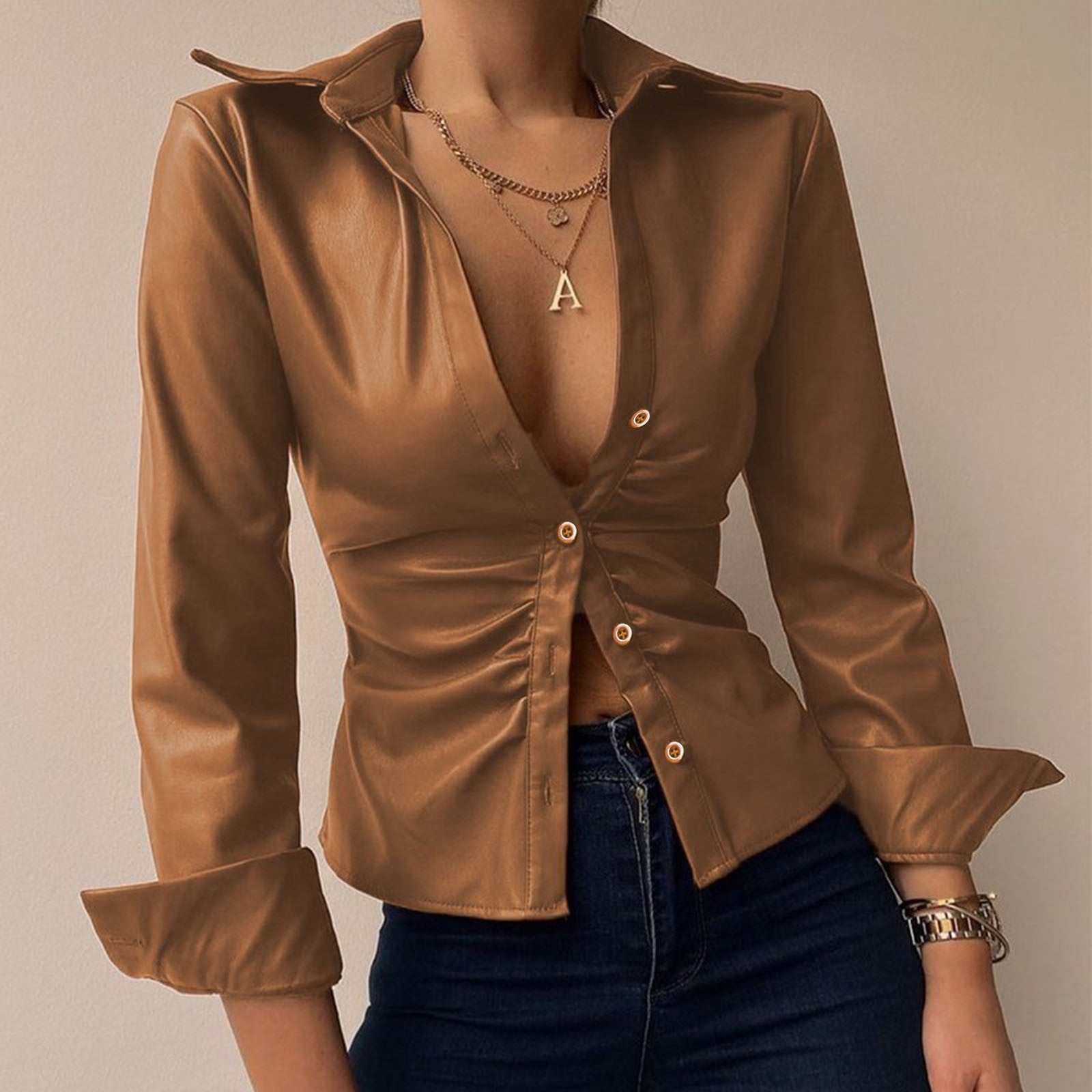 Long Sleeve V-Neck PU Leather Panel Ladies Shirt