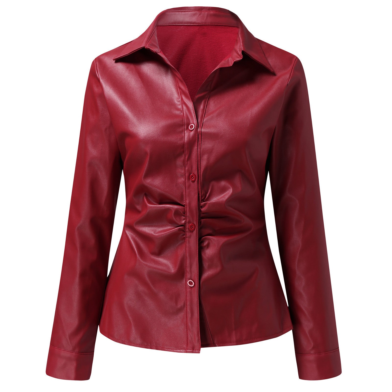 Long Sleeve V-Neck PU Leather Panel Ladies Shirt