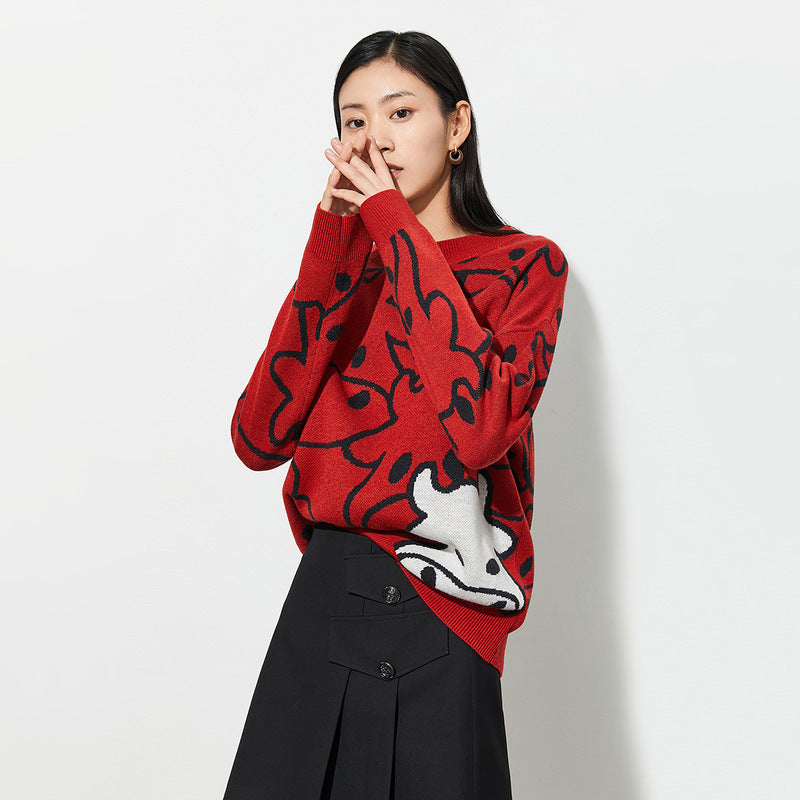 Women's Contrast Color New Year Cow Lazy Pullover Sweater