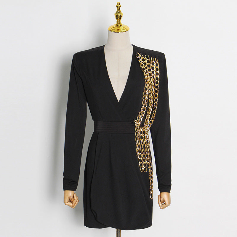 Sexy V Neck Slim Short Dress With Shoulder Chain Stitching