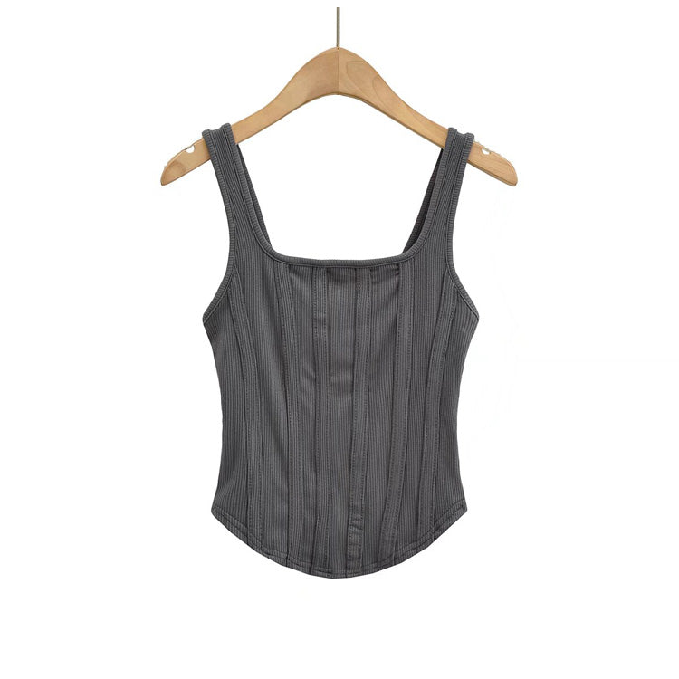 Slim Fit Striped Square Neck Solid Color Sleeveless Tank Top