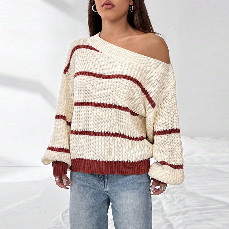 Sexy Off-the-shoulder Loose Striped Women's Sweater