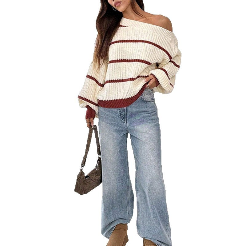 Sexy Off-the-shoulder Loose Striped Women's Sweater