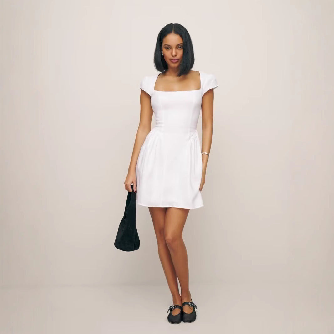 Niche Cotton And Linen Fashion Square Collar Slimming Dress