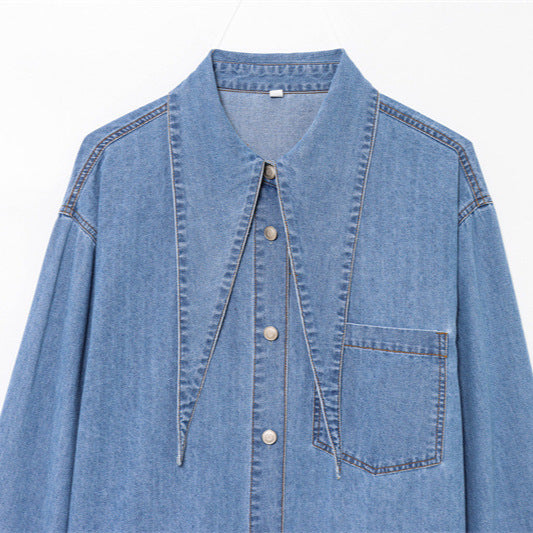 Fashionable Neckline Bowknot Decoration Denim Shirt