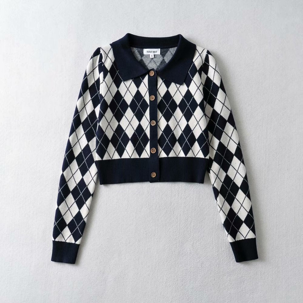 Women's Long Sleeve Diamond Polo Collar Knitted Sweater Coat