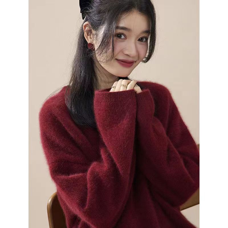 Red Pullover Women's Fall And Winter Outer Wear Mid-length Comfortable Retro Slit Knit Sweater