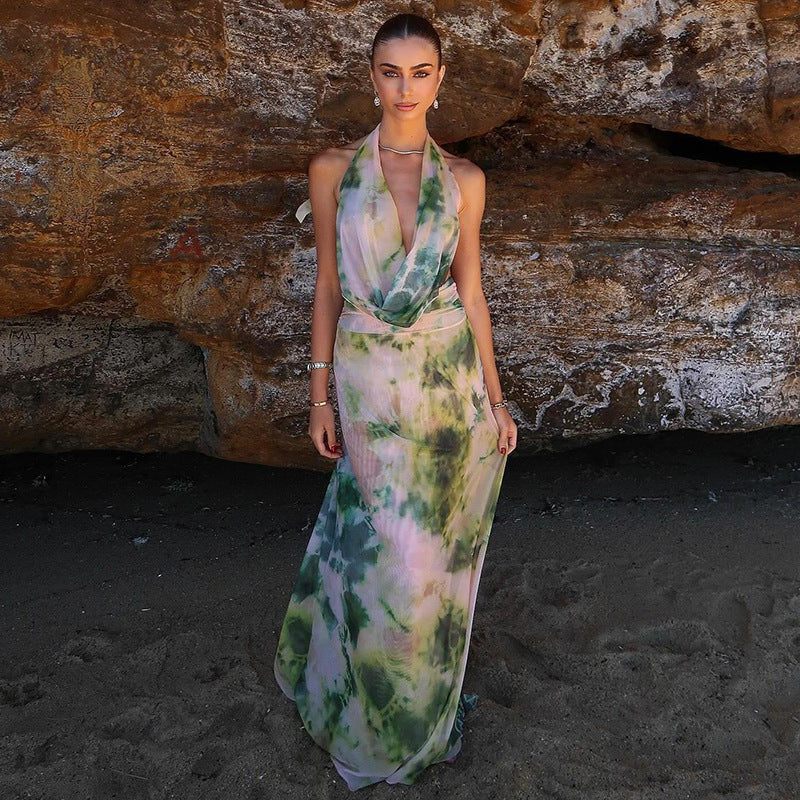 2pcs Tie Dye Printing Deep V-neck Suits Fashion Halter dress