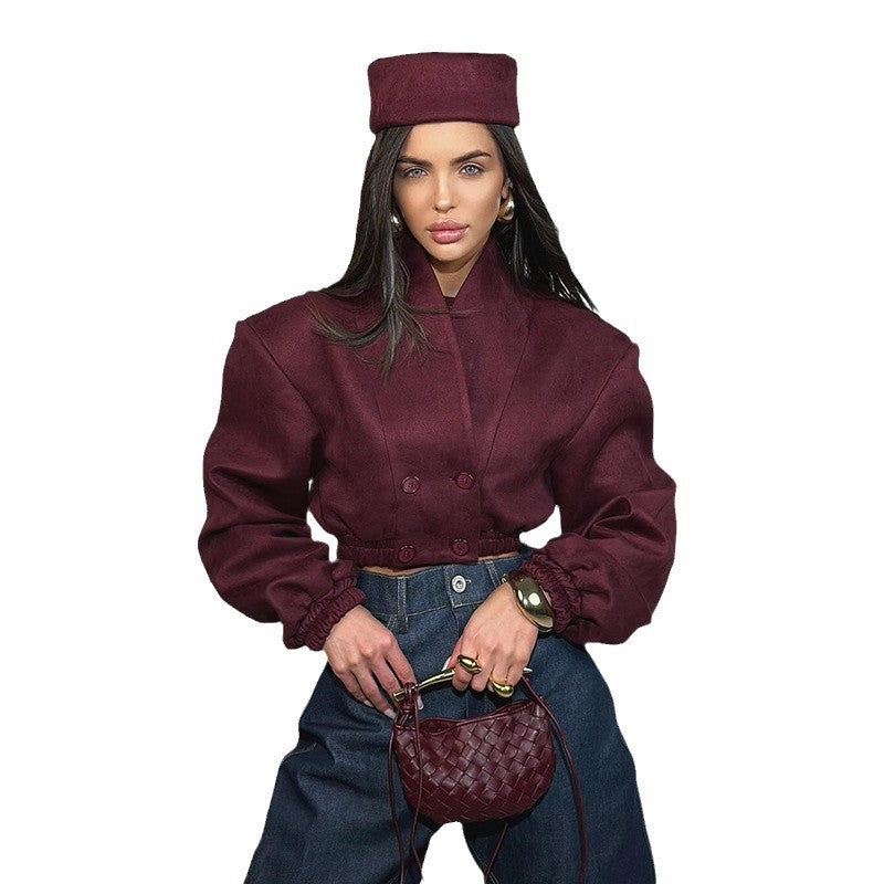 Women's 2025 Spring New Fashion Slim-Fit Wine Red V-Neck Double-Breasted Long Sleeve Short Jacket