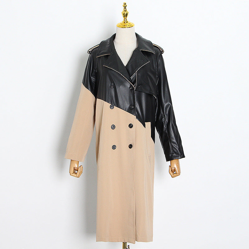 Suit collar stitching leather trench coat over the knee