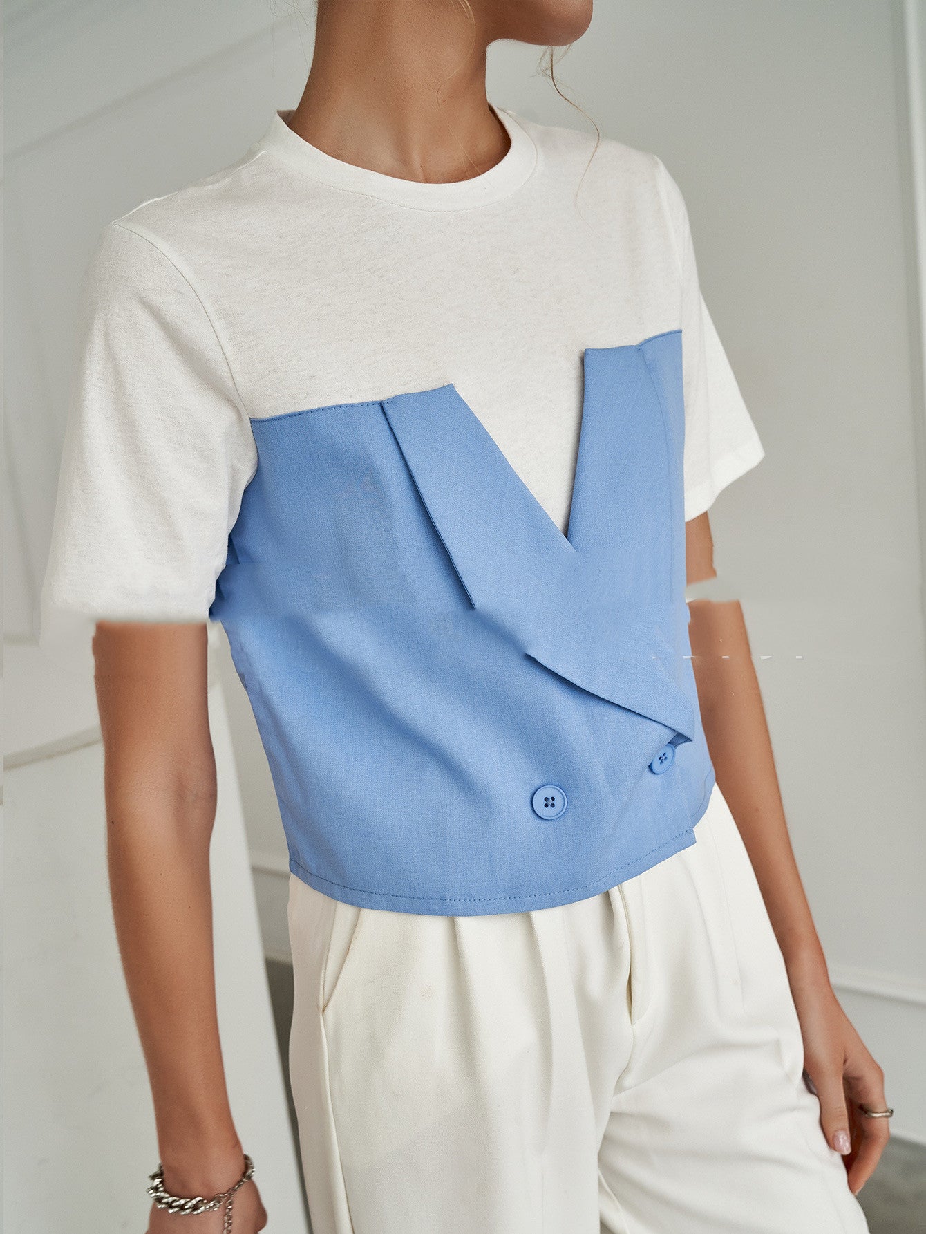 Pullover Short Sleeve Blue Temperament Commuter Solid Color Cotton