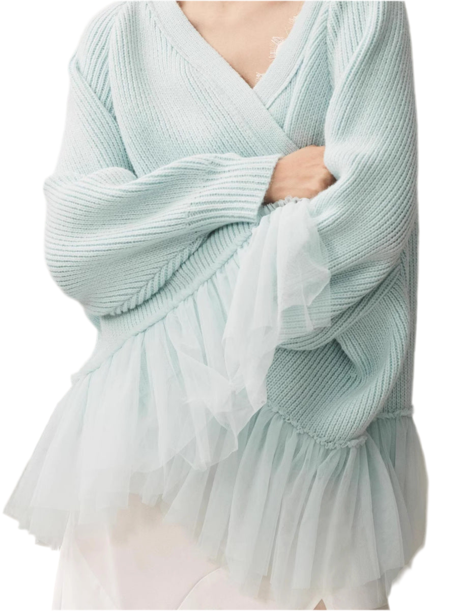 Ruffled Gauze Knitting Sweater Cardigan Long Sleeve