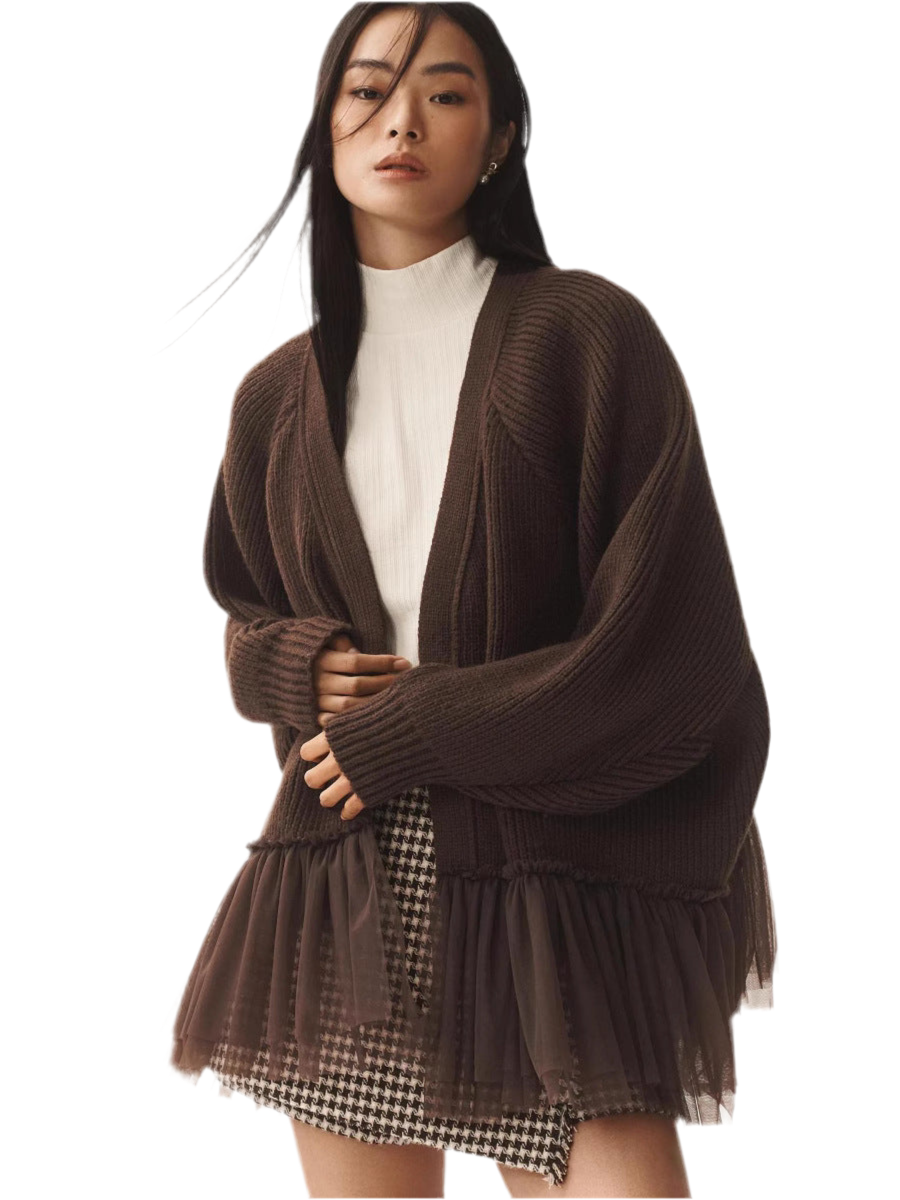 Ruffled Gauze Knitting Sweater Cardigan Long Sleeve