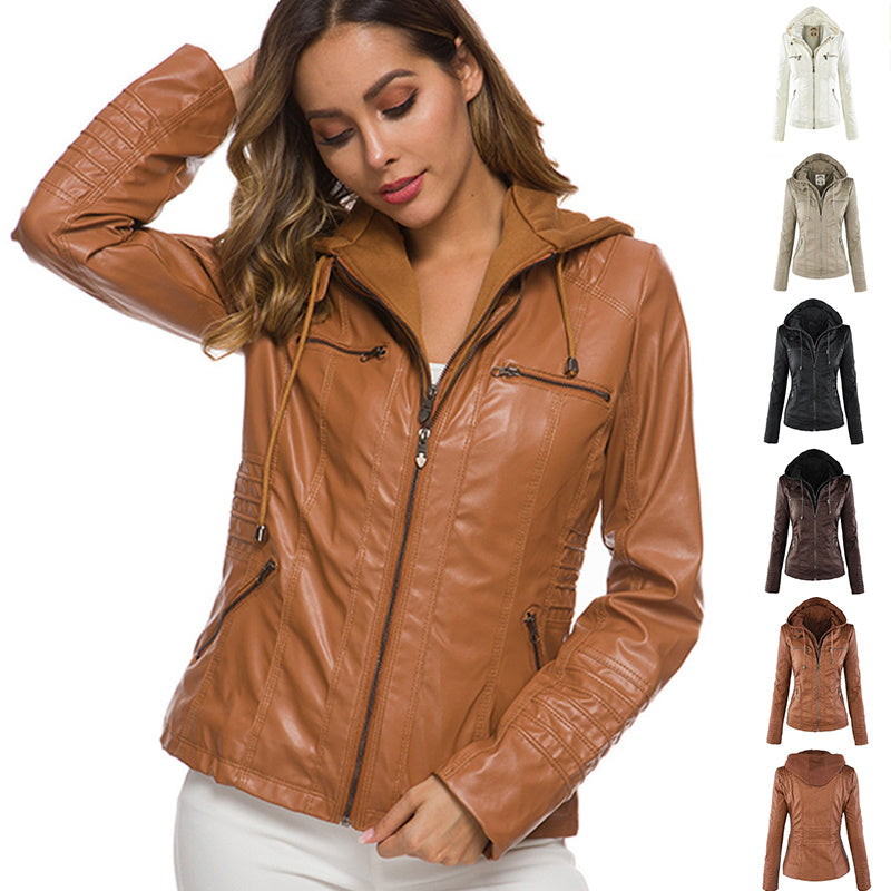 Detachable Hooded Jacket With Pockets Casual Solid Color Zipper Long Sleeve Leather Coat Autumn Winter Women's Clothing