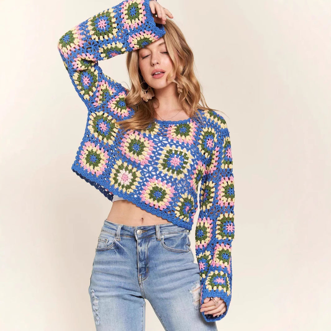 Multi-color Blocks Hollow Ethnic Style Bandage Dress Ladies Loose Pullover Top