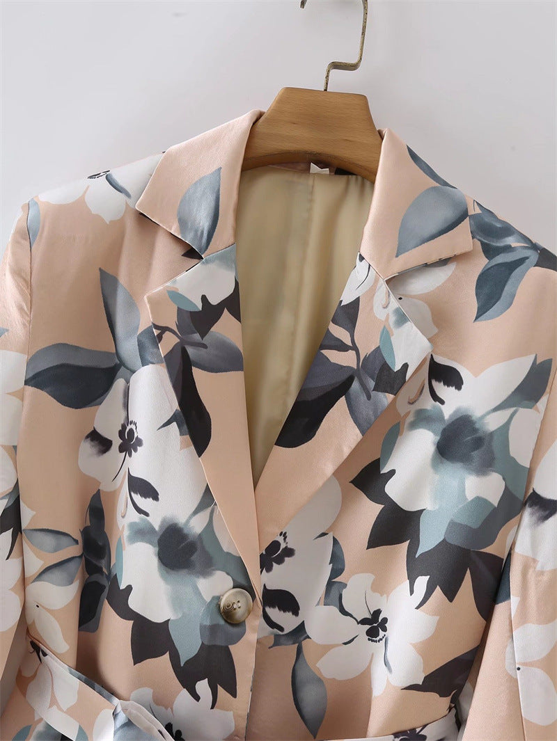 Temperament Slim Fit Slim Flower Print Satin