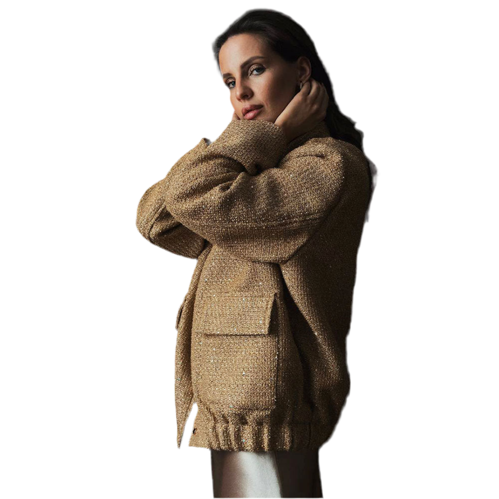 Gold Silk Sequin Jacket Women's Fashion Stand Collar