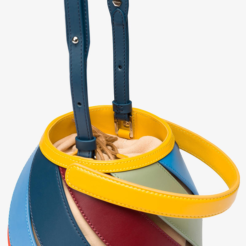 Cylindrical Contrast Color Portable Messenger Diamond Quilted Stitching Bucket Bag