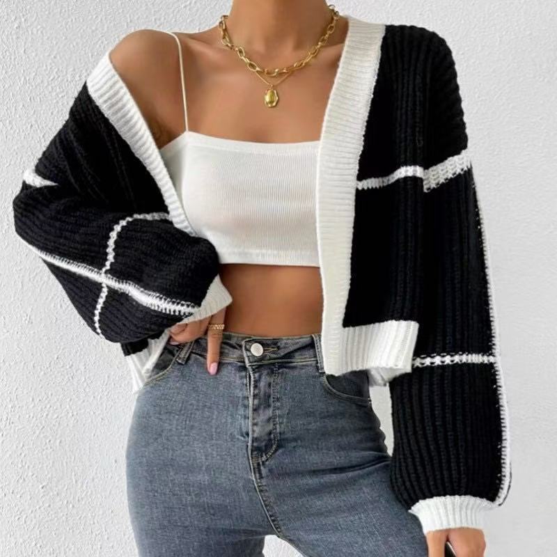 Cardigan Color Contrast Patchwork Striped Loose Sweater
