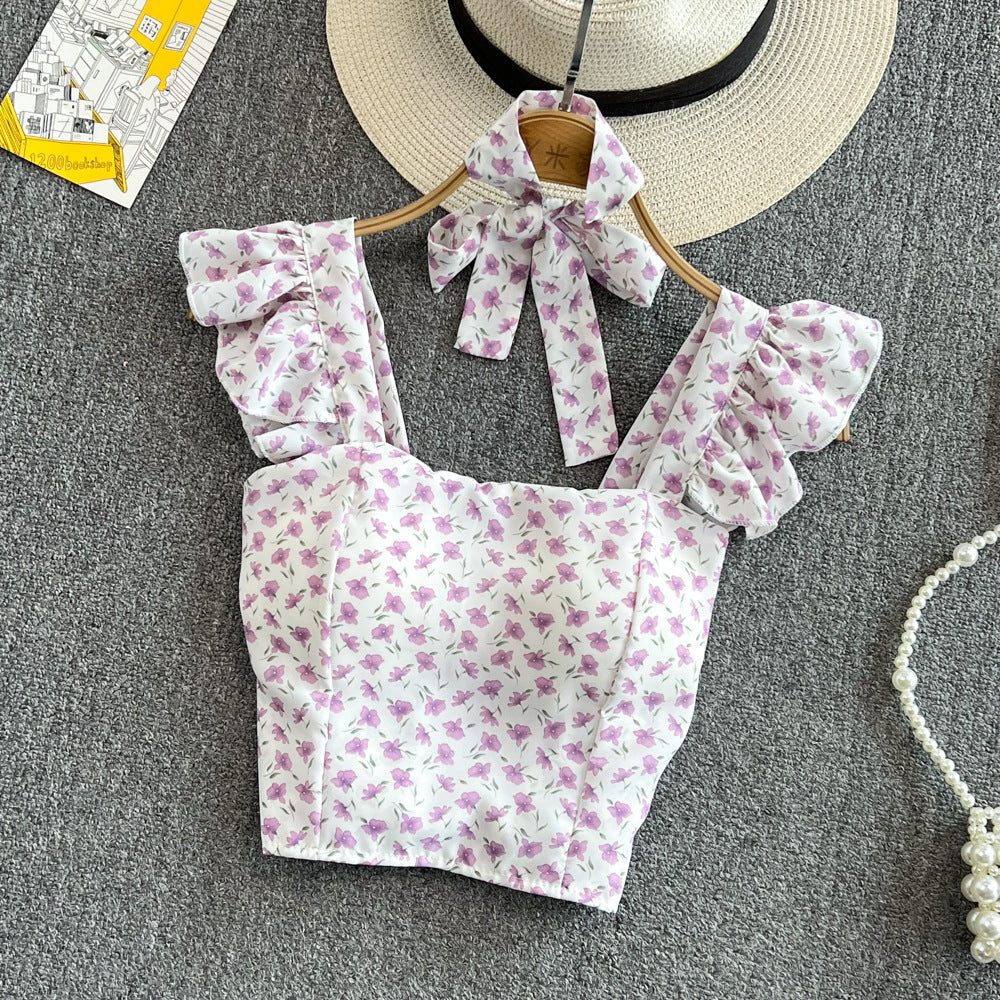 Western-style Girls Slim Sleeveless Square Neck Floral Top Women