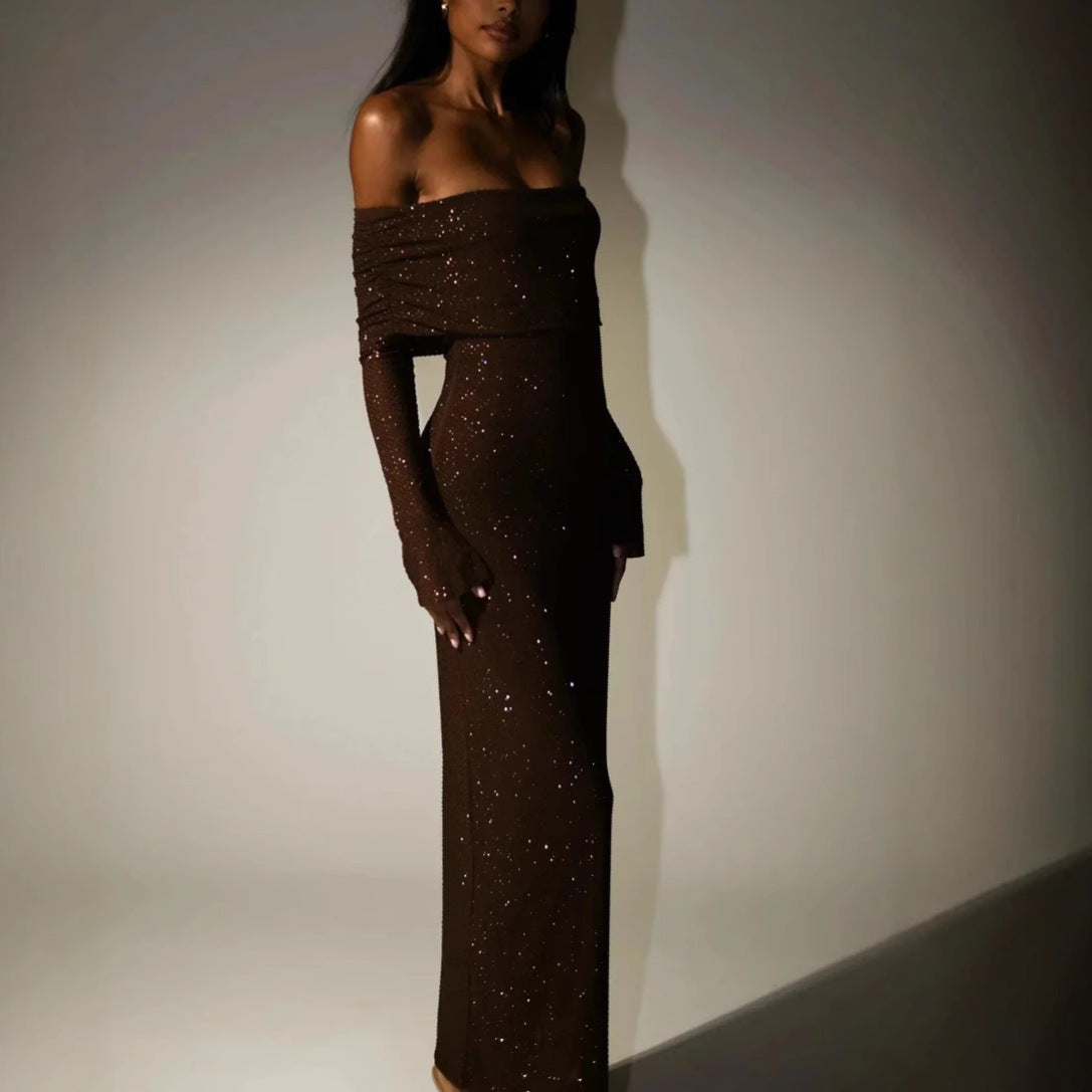 Luxury Strapless Long Sleeve Slim Rhinestone Noble Dress