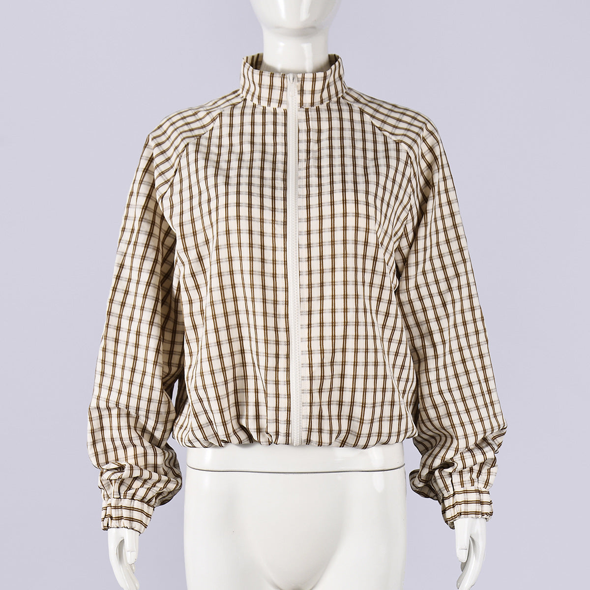 Women's Checkered Zipper Long Sleeve Coat