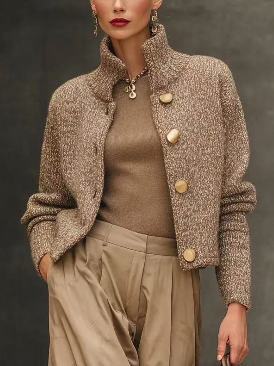 Women's High Neck Button Knit Sweater Stylish Short Cardigan Coat