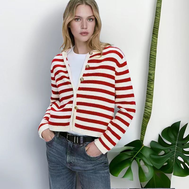 Buckle Striped Classic Style Knitted Cardigan Sweater Short Coat