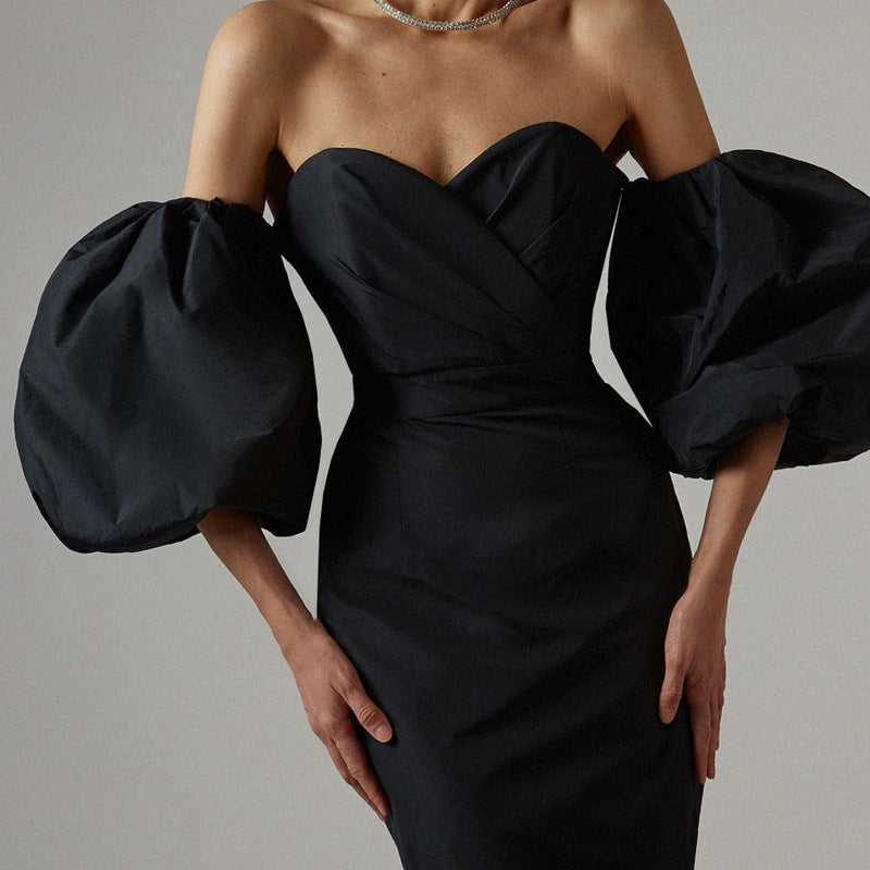 Wrap Balloon Sleeve  Slim Fit Hips Mid Length Dress