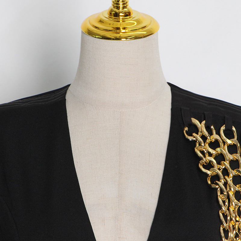 Sexy V Neck Slim Short Dress With Shoulder Chain Stitching