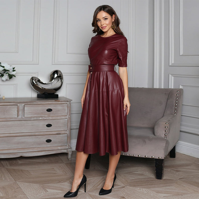 Ladies' Burgundy Round Neck Short Sleeve French Retro Waist Waist Dress