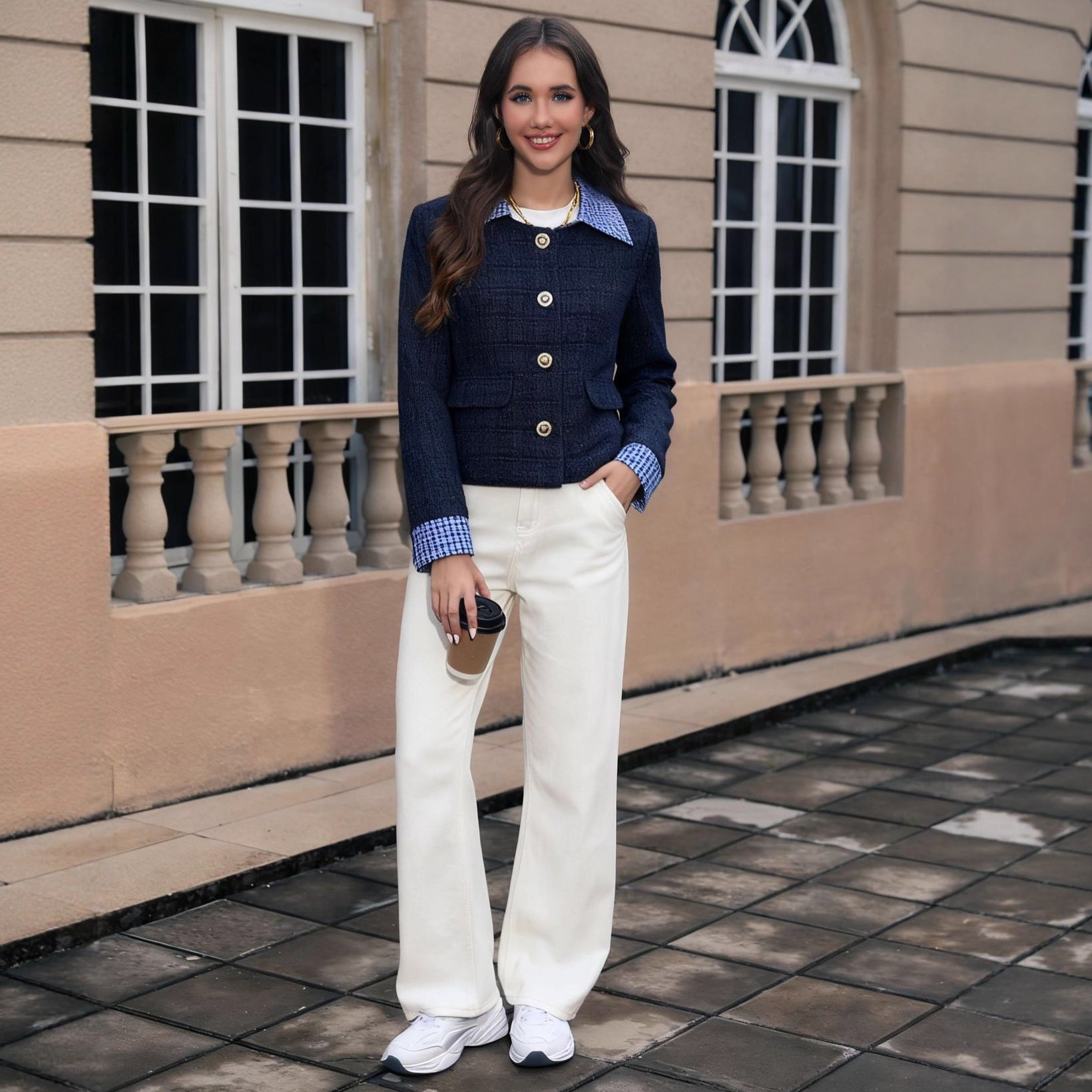 Women's Fashionable Color-block Plaid Lapel Coat