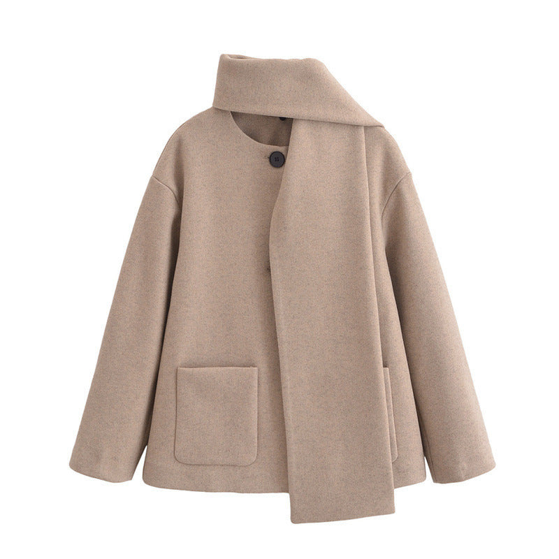 European And American Style Women's New Elegant Mixed Scarf Round Neck Coat