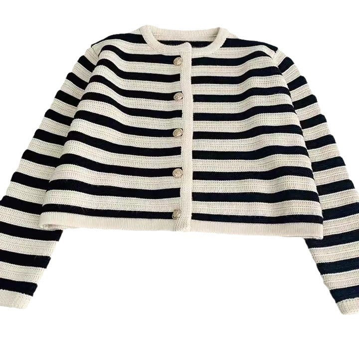 Buckle Striped Classic Style Knitted Cardigan Sweater Short Coat