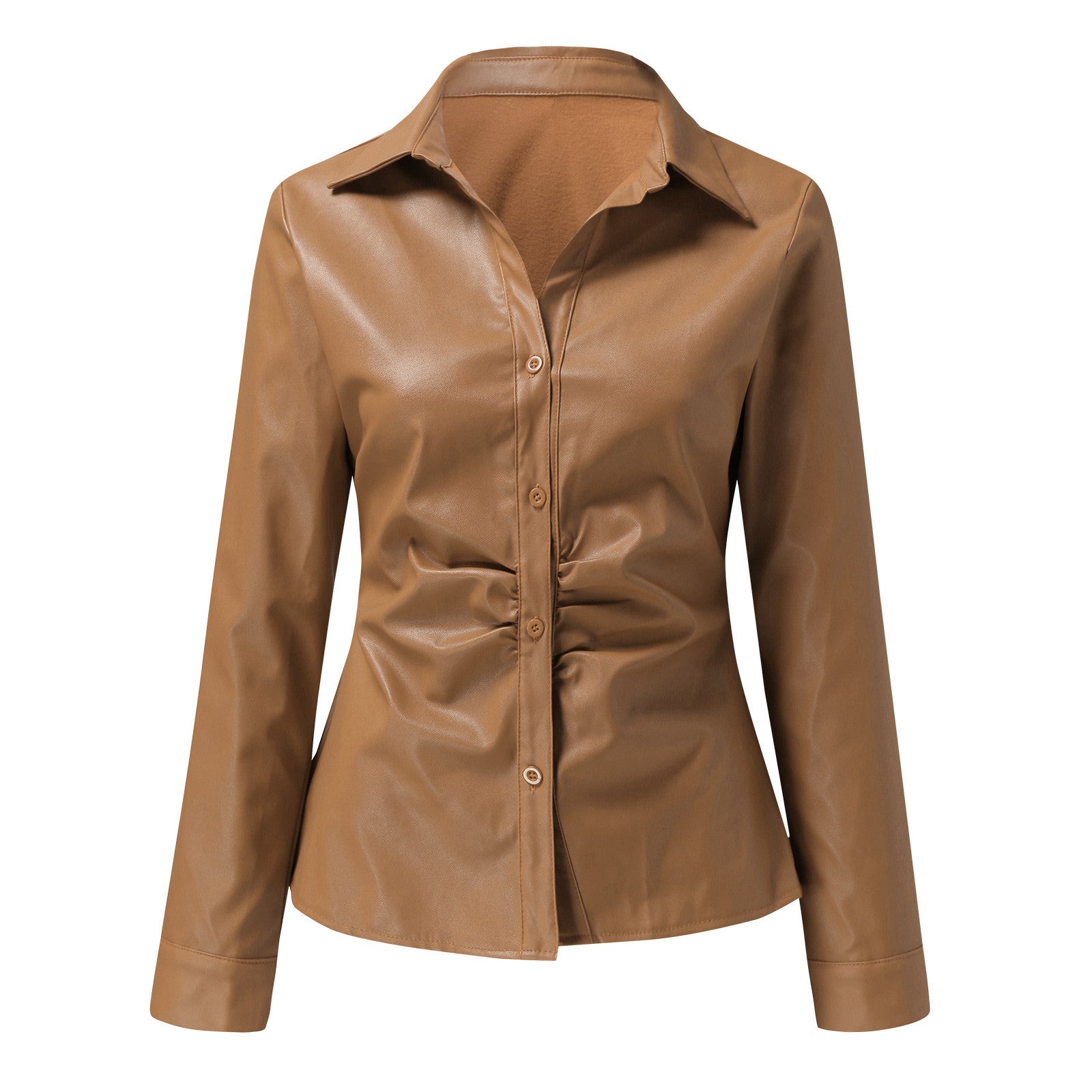 Long Sleeve V-Neck PU Leather Panel Ladies Shirt