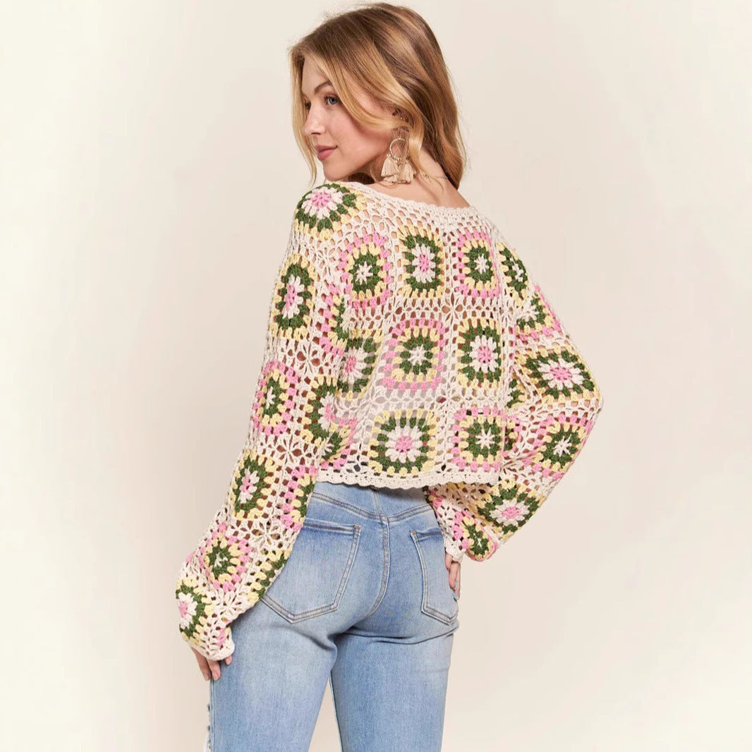 Multi-color Blocks Hollow Ethnic Style Bandage Dress Ladies Loose Pullover Top