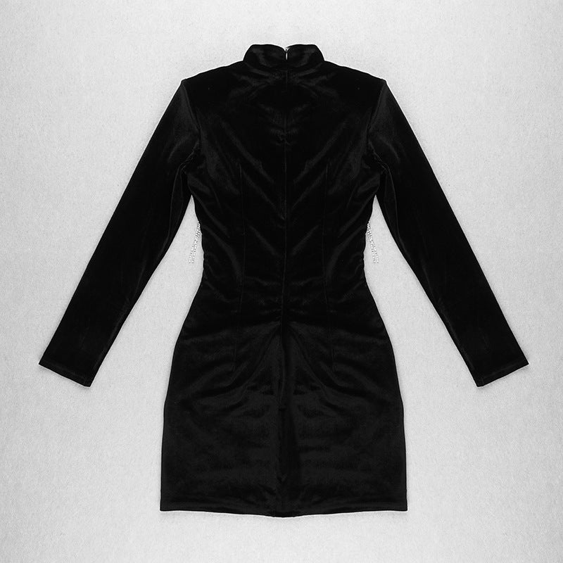 Long Sleeve Round Neck Metal Fringed Stretch Velvet Bandage Gown