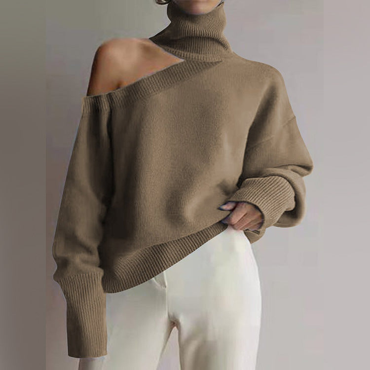 Women's Turtleneck Off Shoulder Knit Long Sleeve Sweater Top