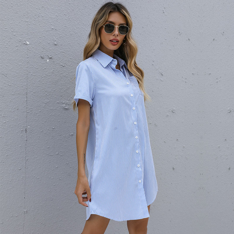 Women's Short Sleeve Lapel Striped Dress