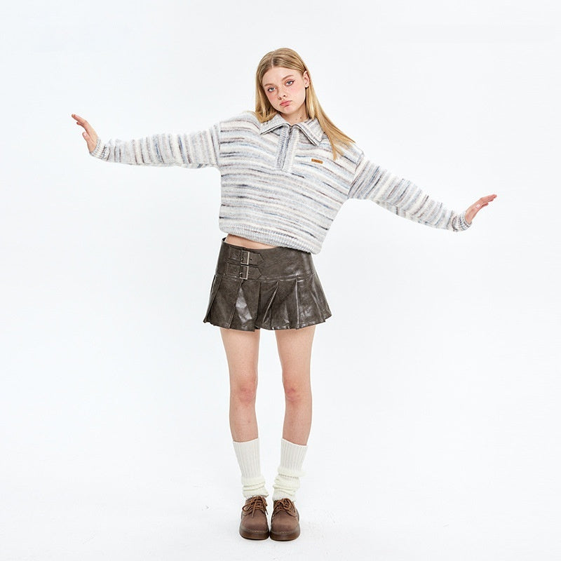 Lapel Short Sweet Half Zip Sweater For Women Striped Minimalist