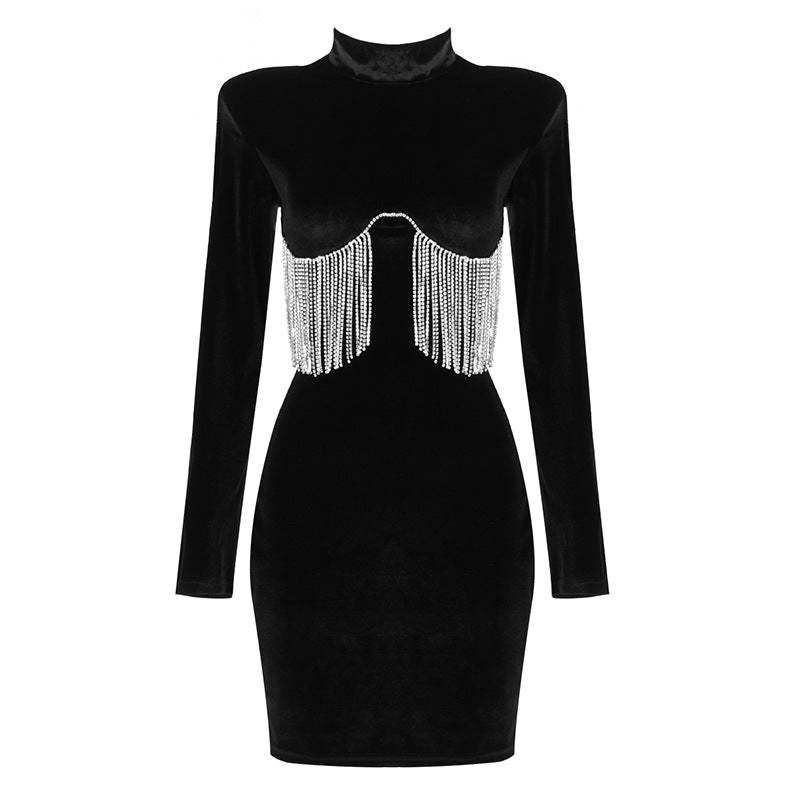 Long Sleeve Round Neck Metal Fringed Stretch Velvet Bandage Gown