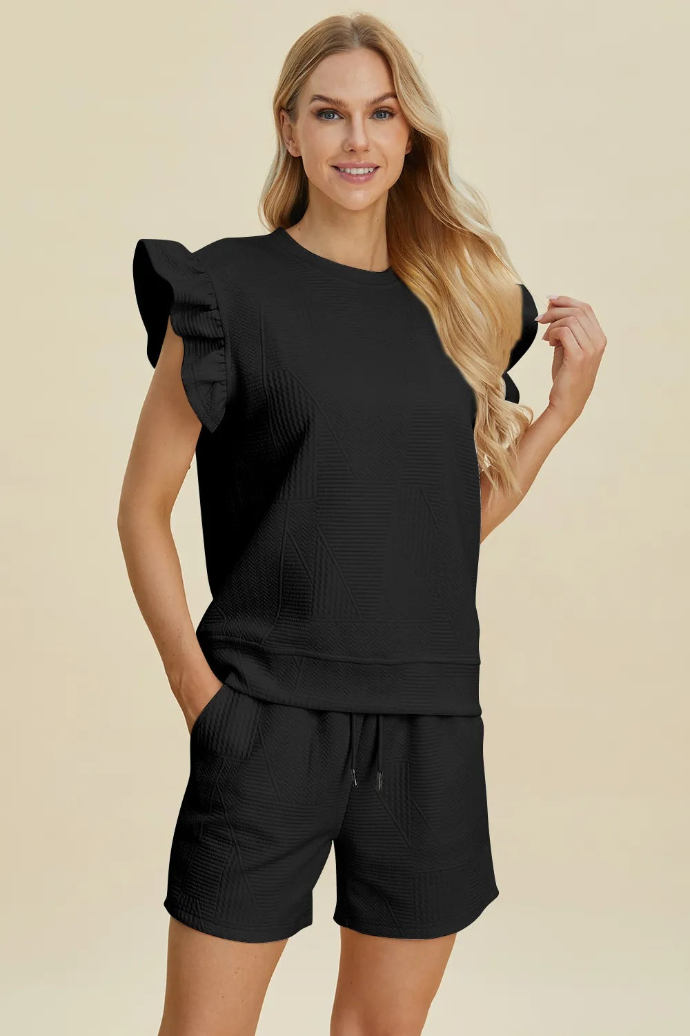 Double Take Full Size Texture Round Neck Ruffle Sleeve Top And Shorts Set