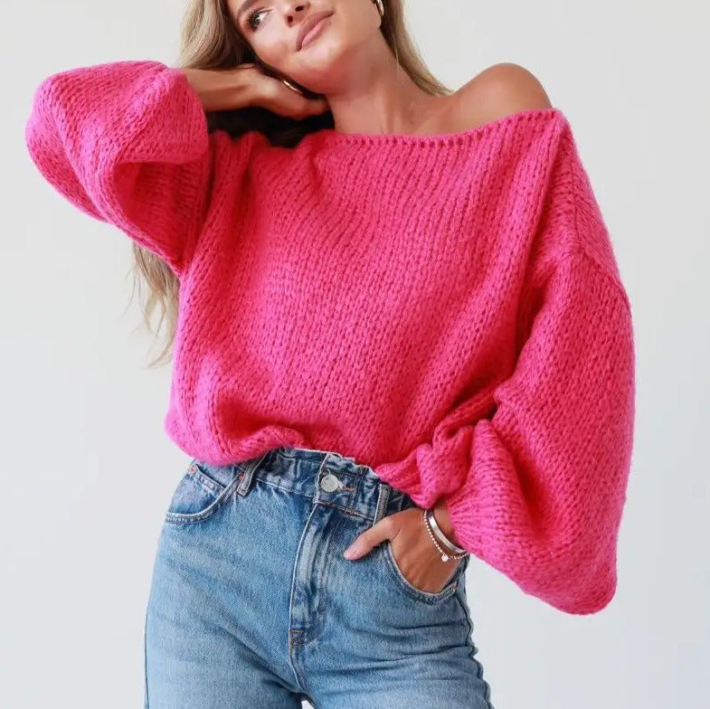 Women's Off-shoulder Solid Color Loose Knitted Pullover Sweater