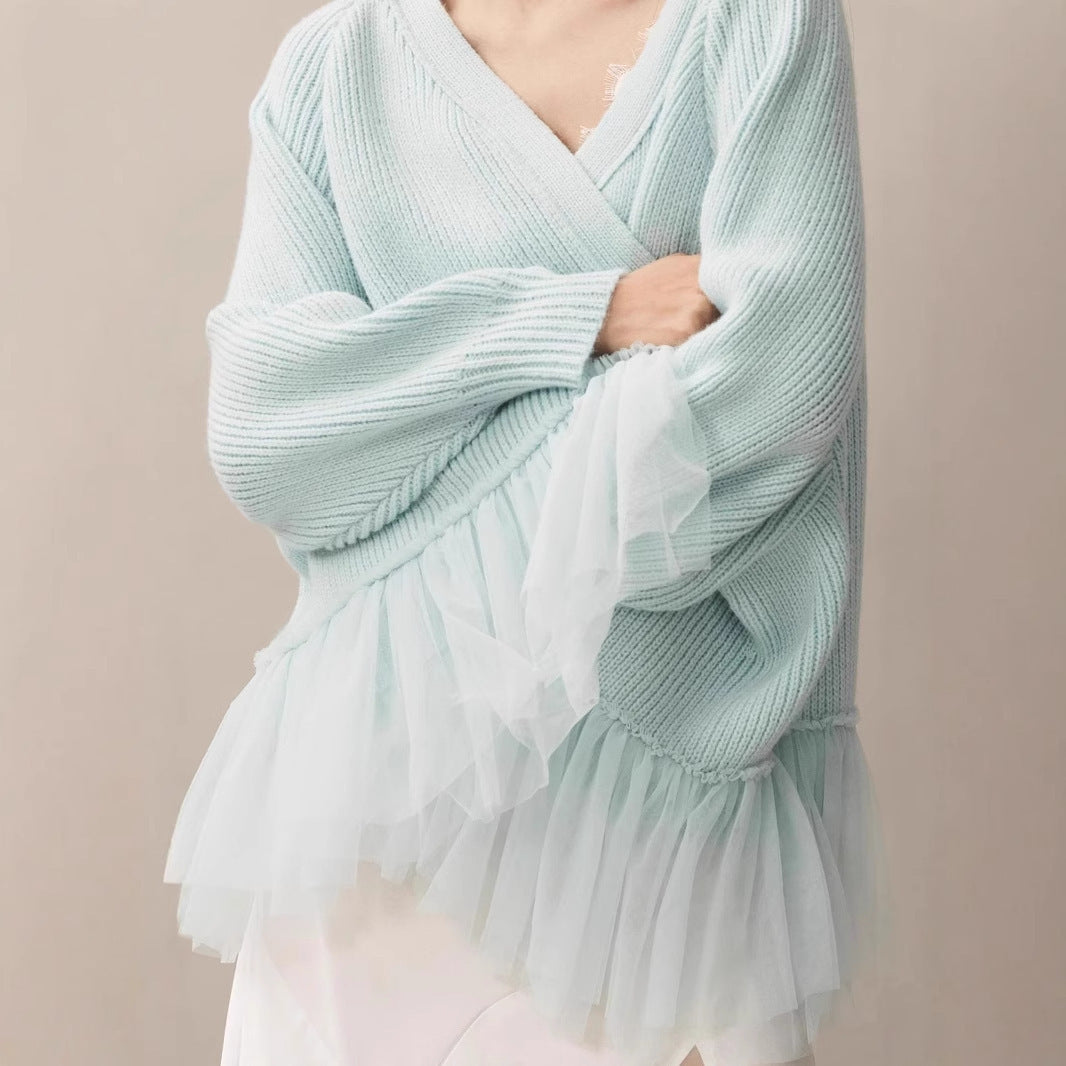 Ruffled Gauze Knitting Sweater Cardigan Long Sleeve