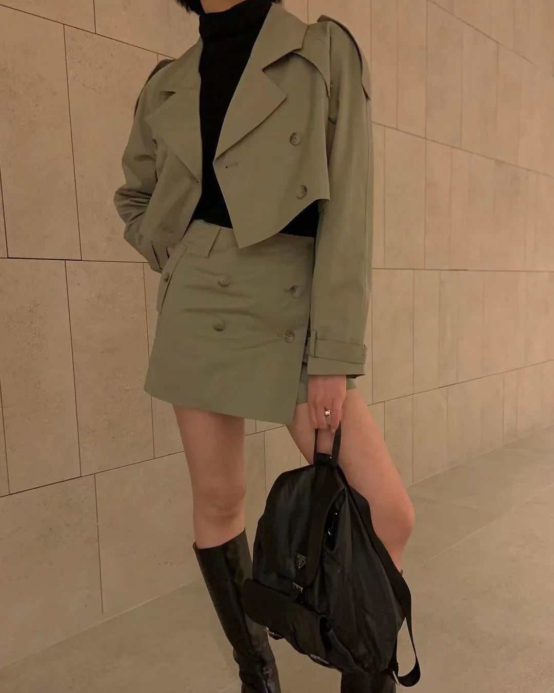 Double-breasted Lapel Windbreaker Jacket High Waist Bag Hip Skirt Suit