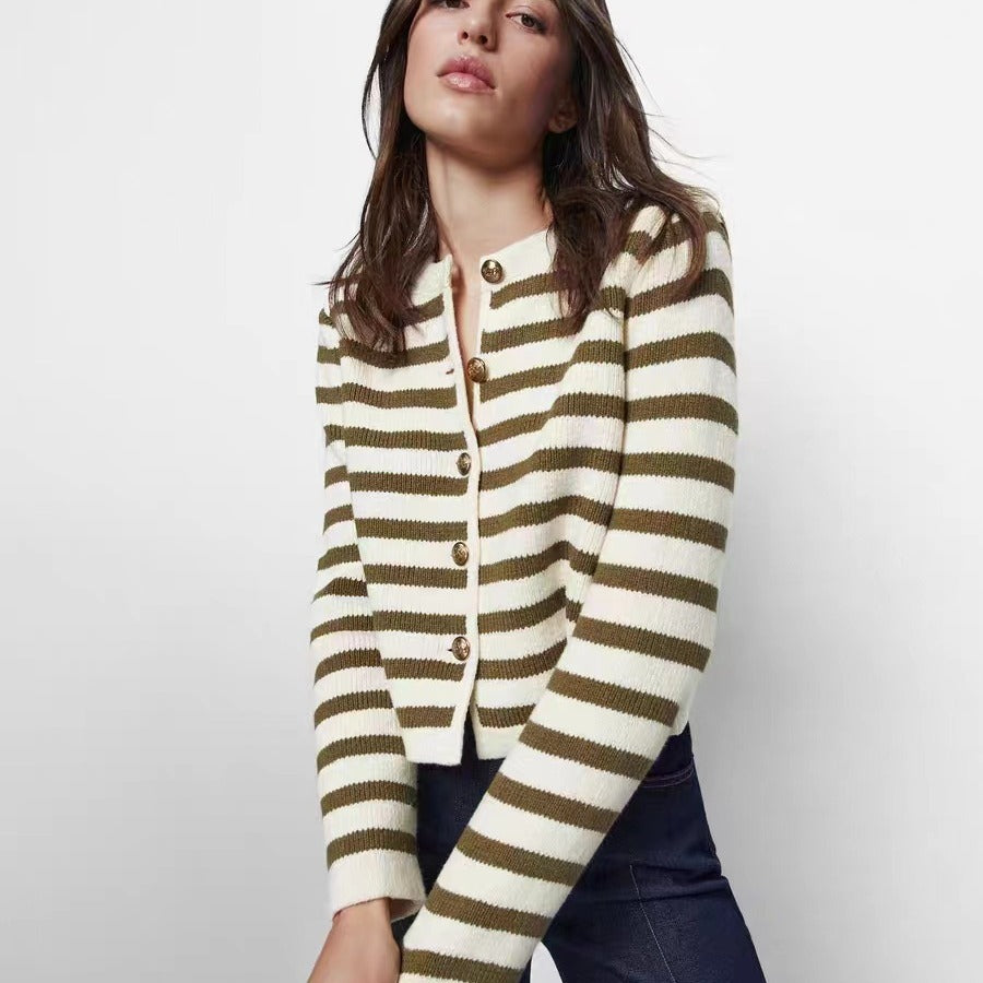 Buckle Striped Classic Style Knitted Cardigan Sweater Short Coat