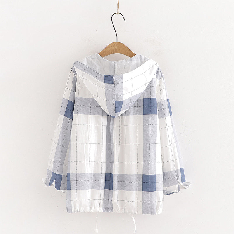 Ladies Plaid Hooded Cotton Linen Long Sleeve Jacket