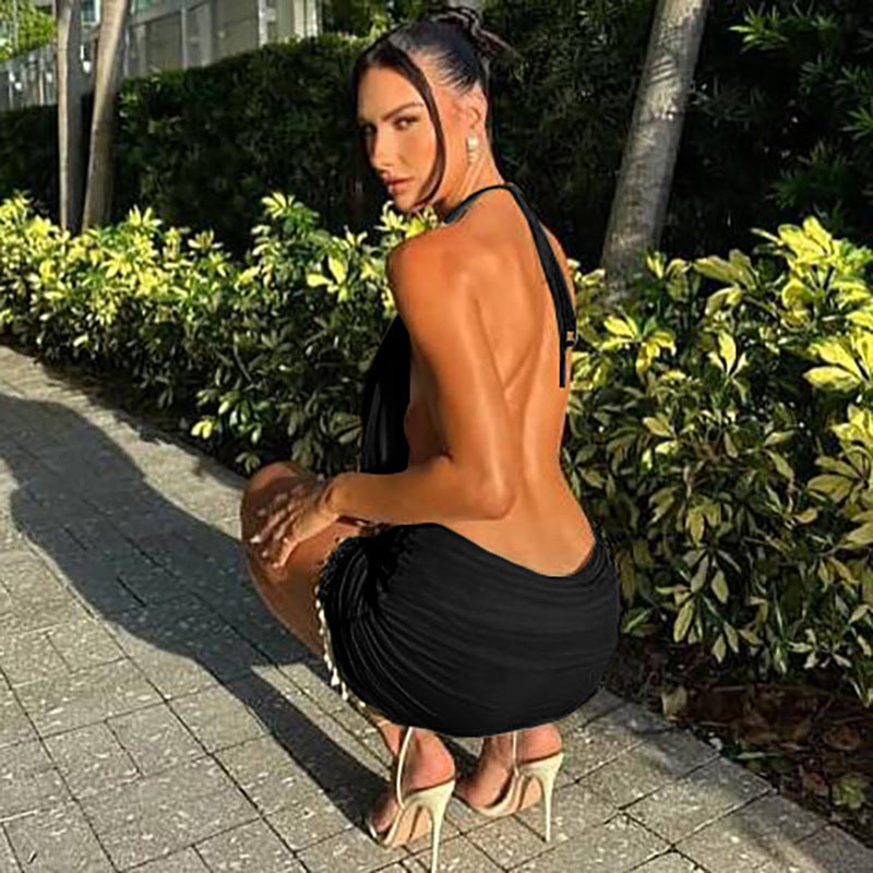 Halter Sleeveless Stitching Tassel Beads Sheath Dress