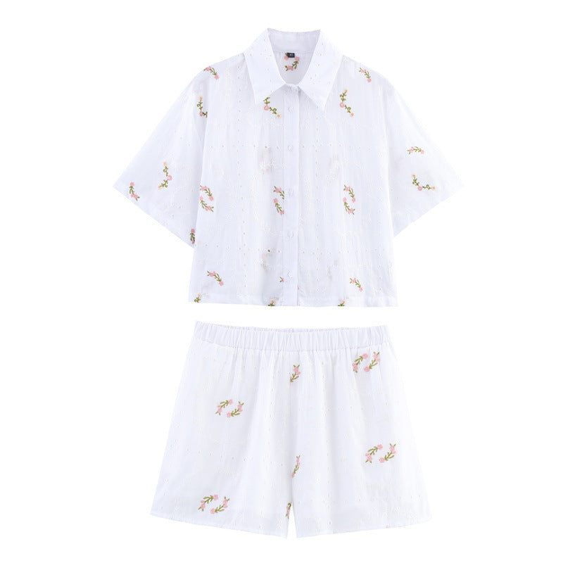 Puff Sleeve Embroidered Flower Shirt Shorts