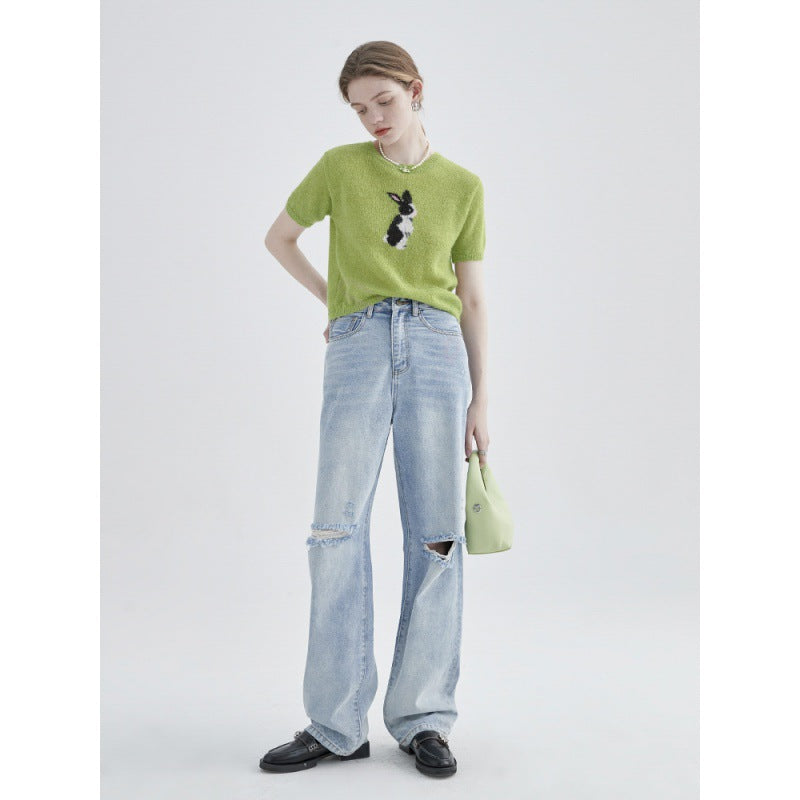 Rabbit Print Round Neck Fashion Short Sleeves